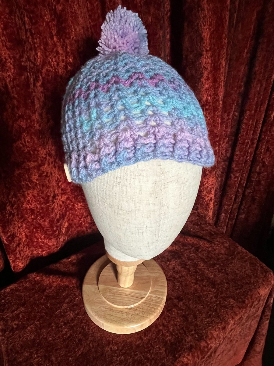 Pink, Purple, Turquoise Shades Fun Crocheted Hat with detachable Pom-pom