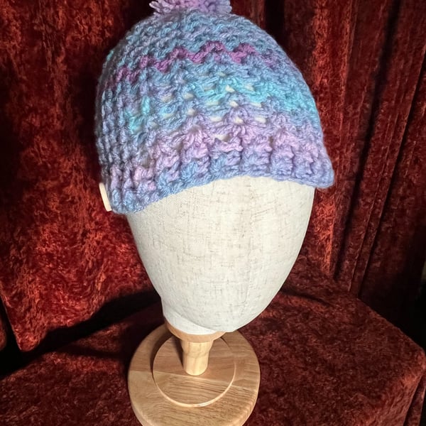 Pink, Purple, Turquoise Shades Fun Crocheted Hat with detachable Pom-pom