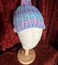 Pink, Purple, Turquoise Shades Fun Crocheted Hat with detachable Pom-pom - Image 1