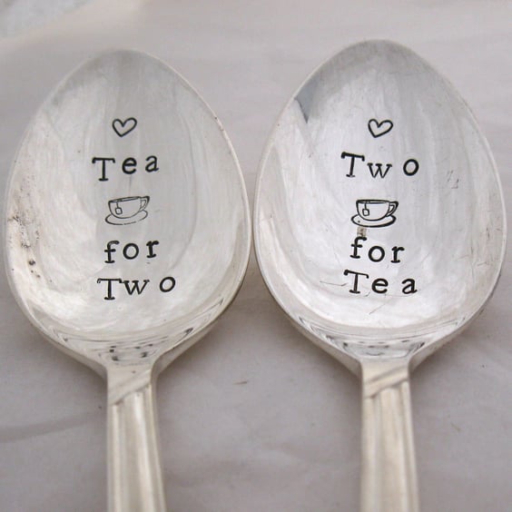 Tea for Two teaspoon pair, hand stamped