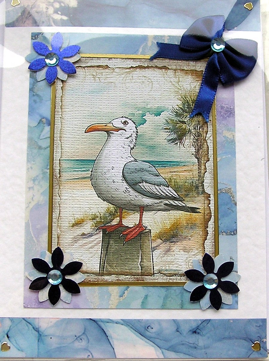 Seagull - Hand Crafted Decoupage Card - Blank for any Occasion (2582)