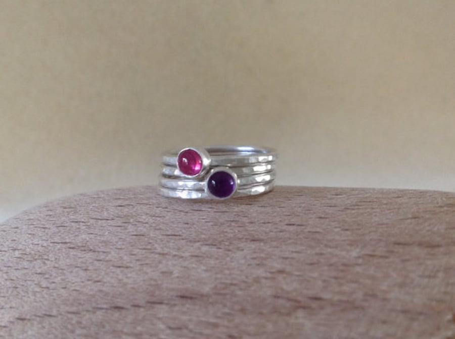 Pink Tourmaline and Purple Amethyst Sterling and Fine silver stacking ring set