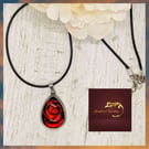 Red Rose Teardrop Shaped Glass Pendant on Cord