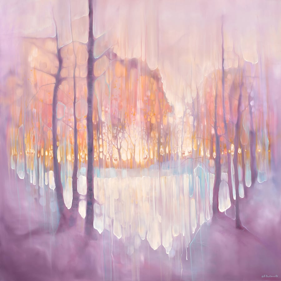 The Thin Place Beckons, a large semi-abstract deer painting at sunset