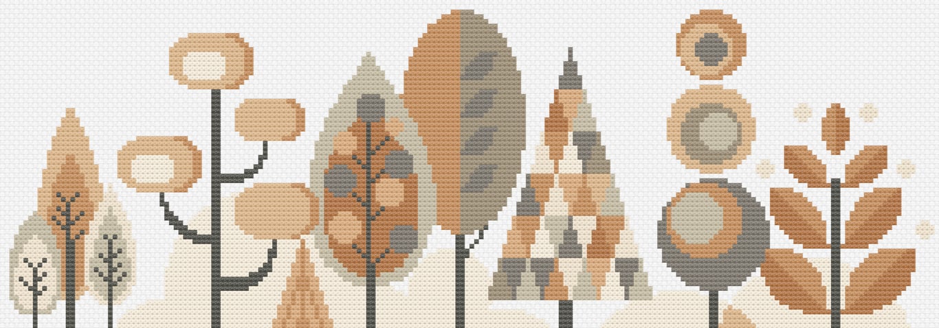050G - Cross Stitch Scandinavian Forest Trees - PASTELS - Grey-Beige 