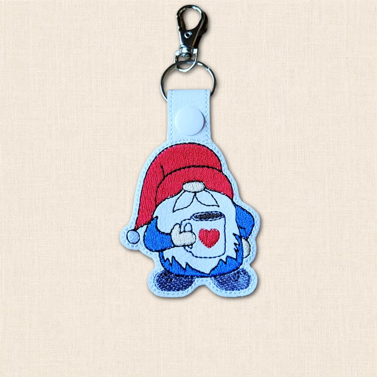 Coffee Gnome Keyring - Embroidered Faux Leather Coffee Lover Bag Charm