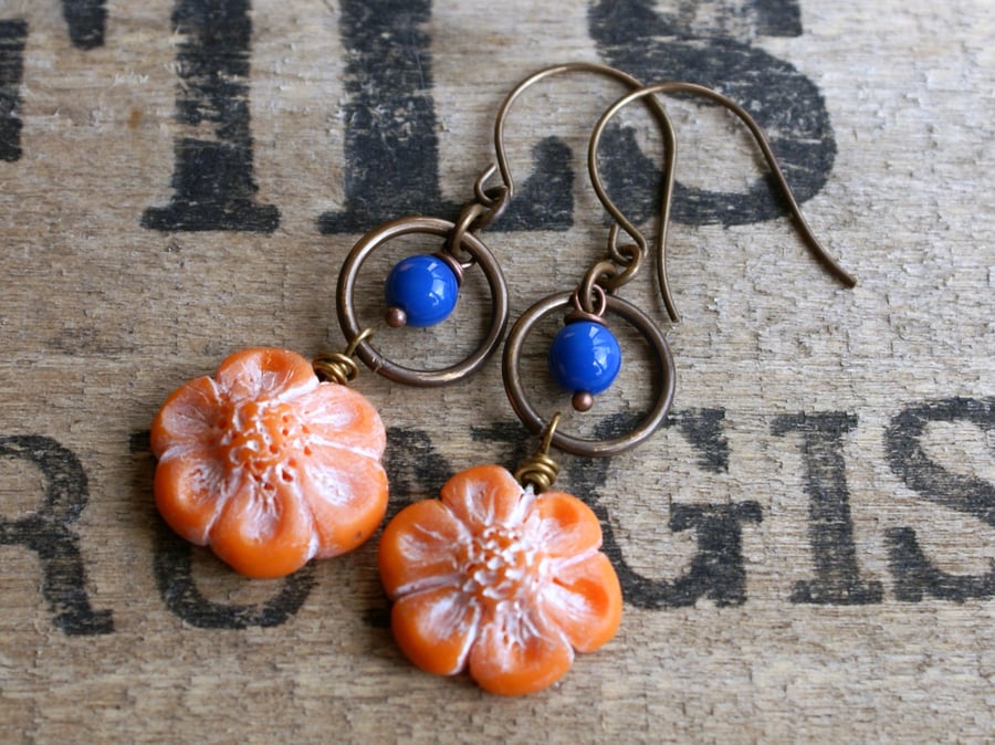 Vibrant Orange Polymer Clay Flower Earrings