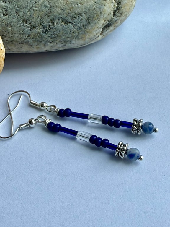 Handmade Lapis Luzuli Gemstone and Deep Blue Glass Seed Beads, Dangle Earrings