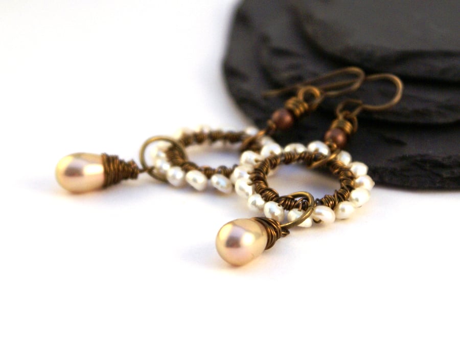Wire Wrapped Freshwater Pearl Earrings