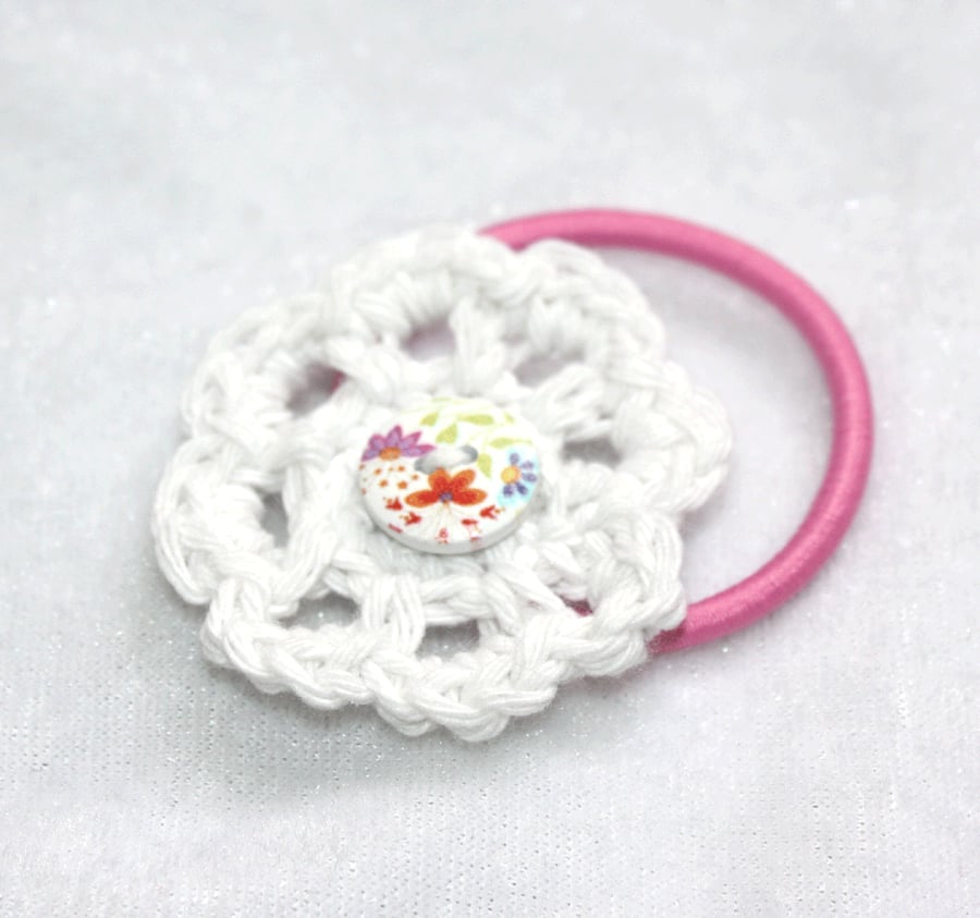 White Crocheted Flower Hair Bobble