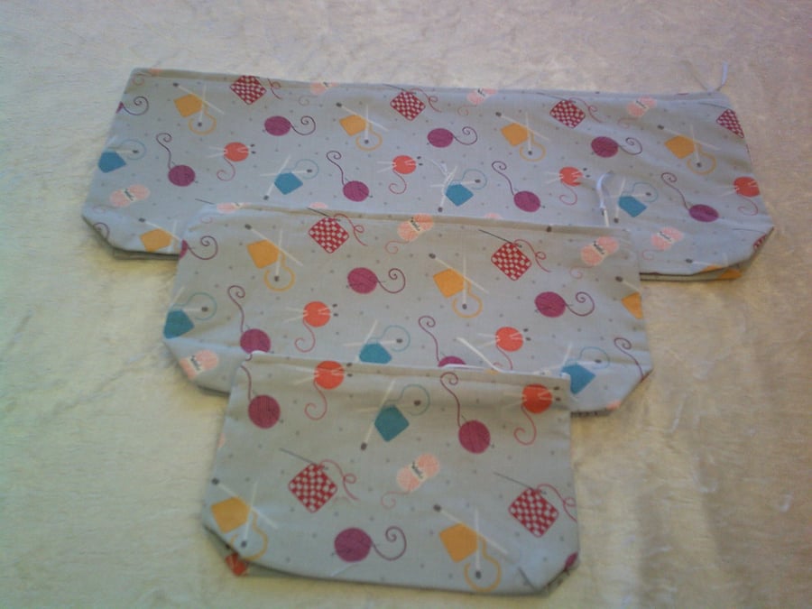Pale Grey with Knitting and Crochet Design Set of 3 Zip Top Pouches