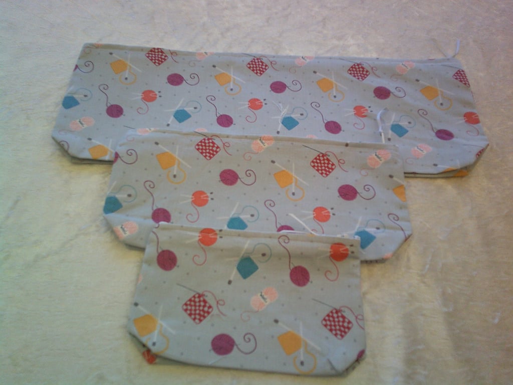Pale Grey with Knitting and Crochet Design Set of 3 Zip Top Pouches