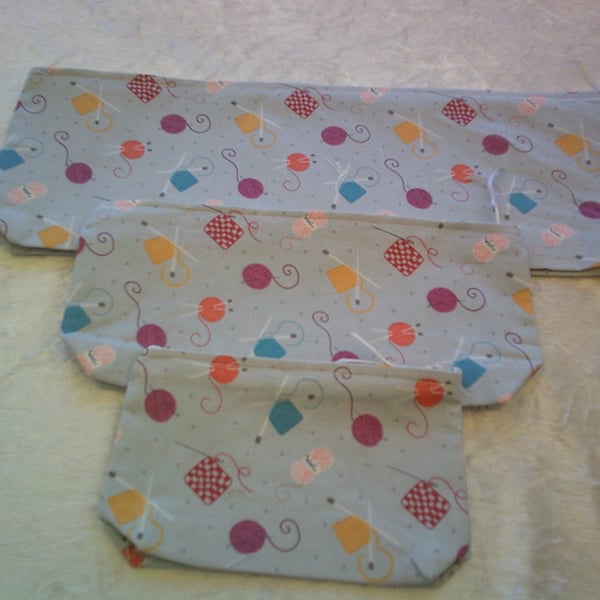 Pale Grey with Knitting and Crochet Design Set of 3 Zip Top Pouches