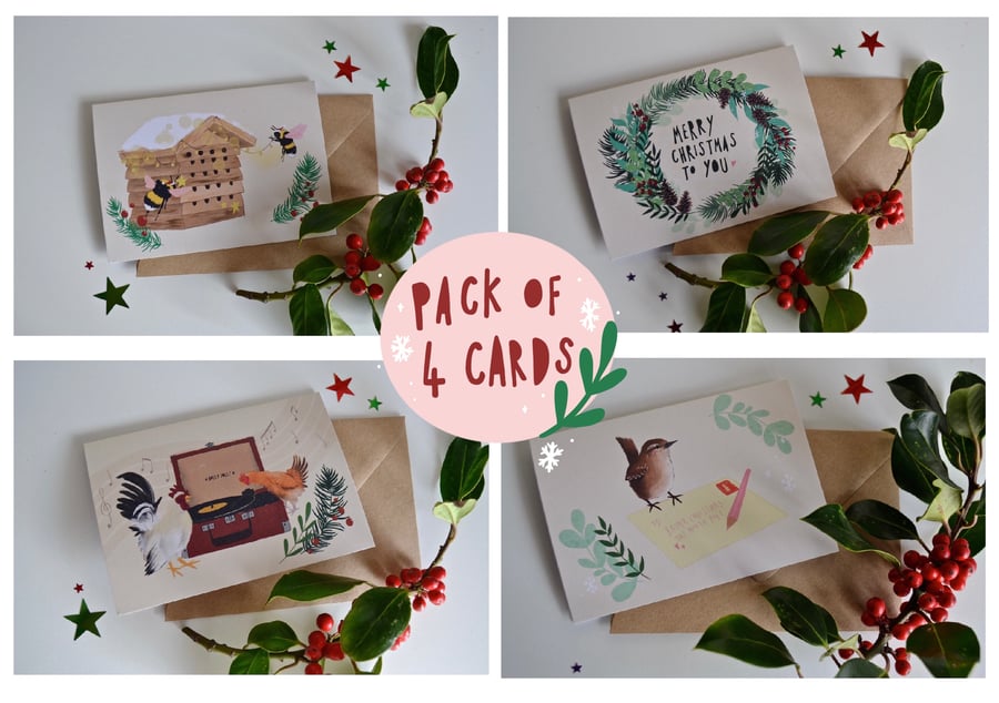 Garden Christmas Card Collection - 4 Recycled & Eco Friendly Greetings Cards