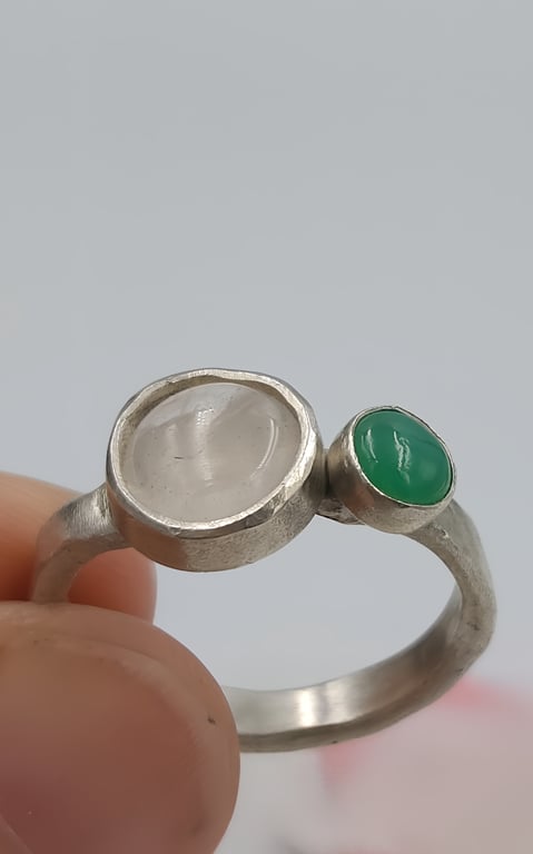 Rose quartz and Chrysoprase Double Stone Silver Ring