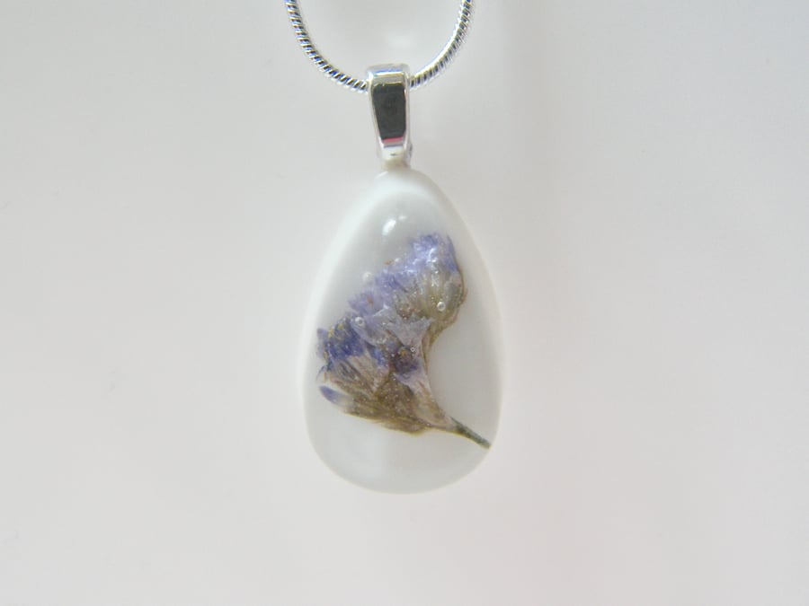 Real Sea Lavender White Resin Necklace Teardrop Pendant - SEA LAVENDER