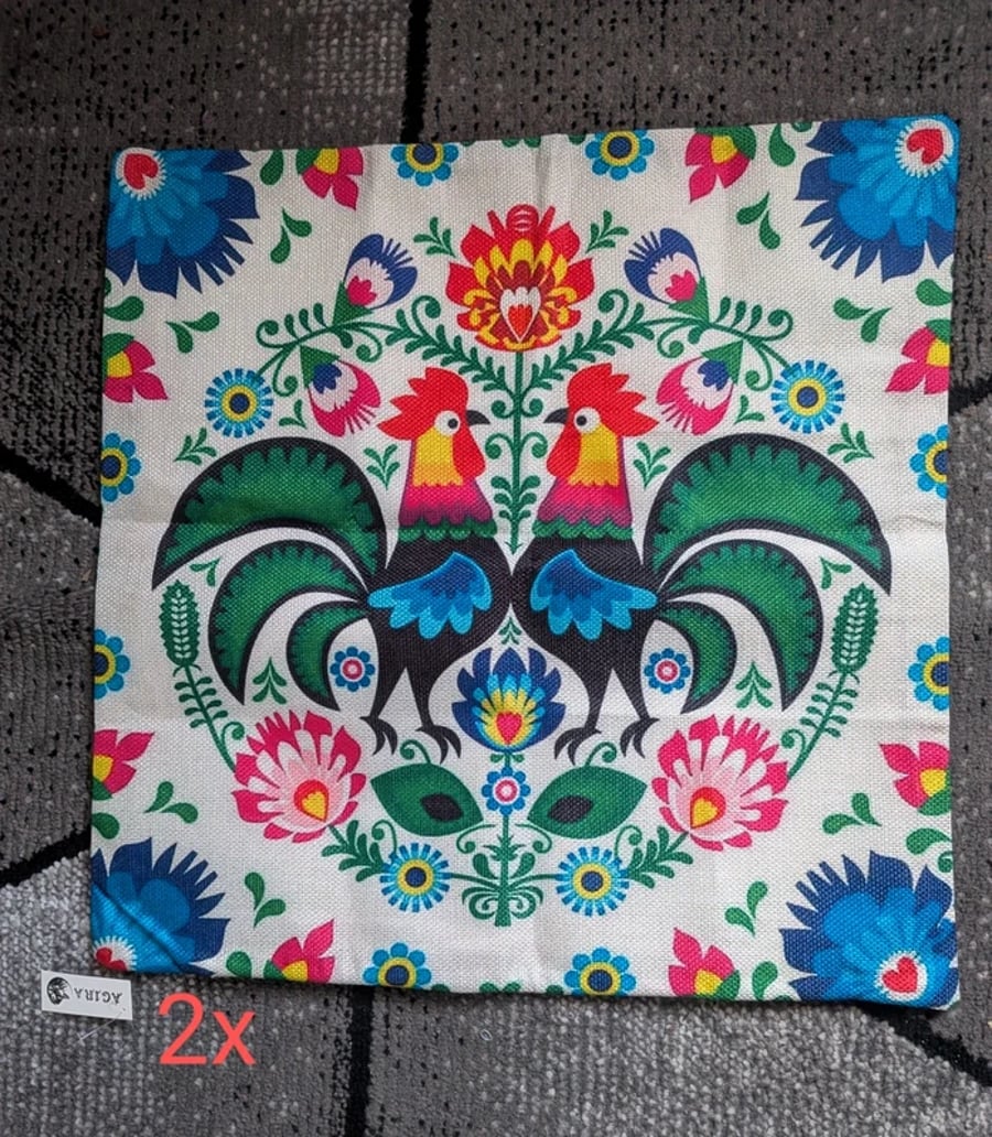 Folk Art Rooster Outdoor Cushion Covers (Pair)
