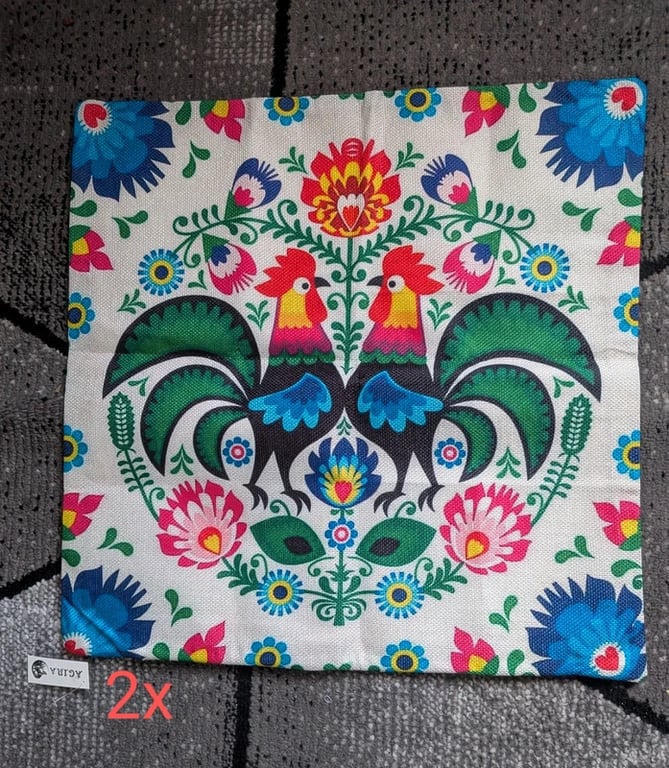 Folk Art Rooster Outdoor Cushion Covers (Pair)