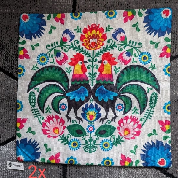 Folk Art Rooster Outdoor Cushion Covers (Pair)