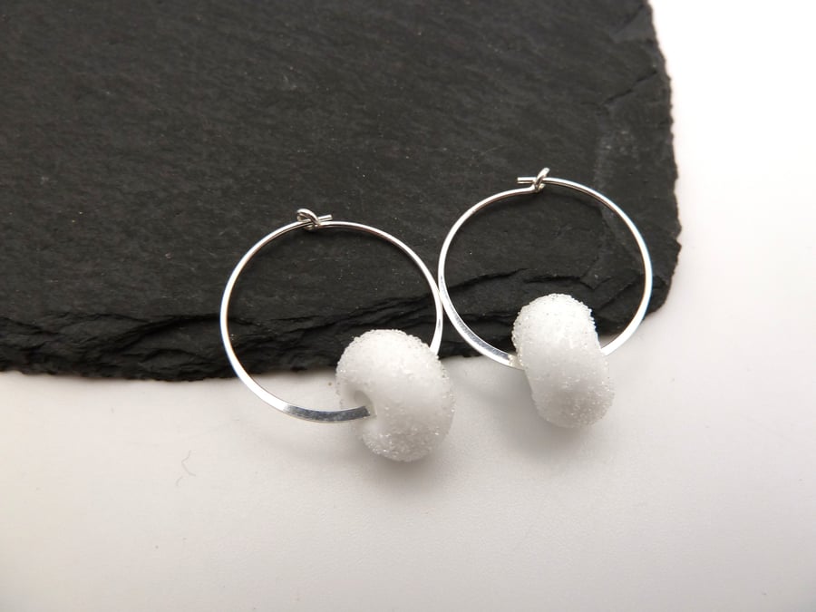 Sterling silver hoop earrings, white lampwork glass jewellery