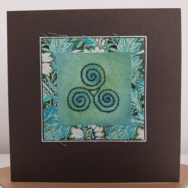 Celtic Triskele triple spiral hand stitched textile art card