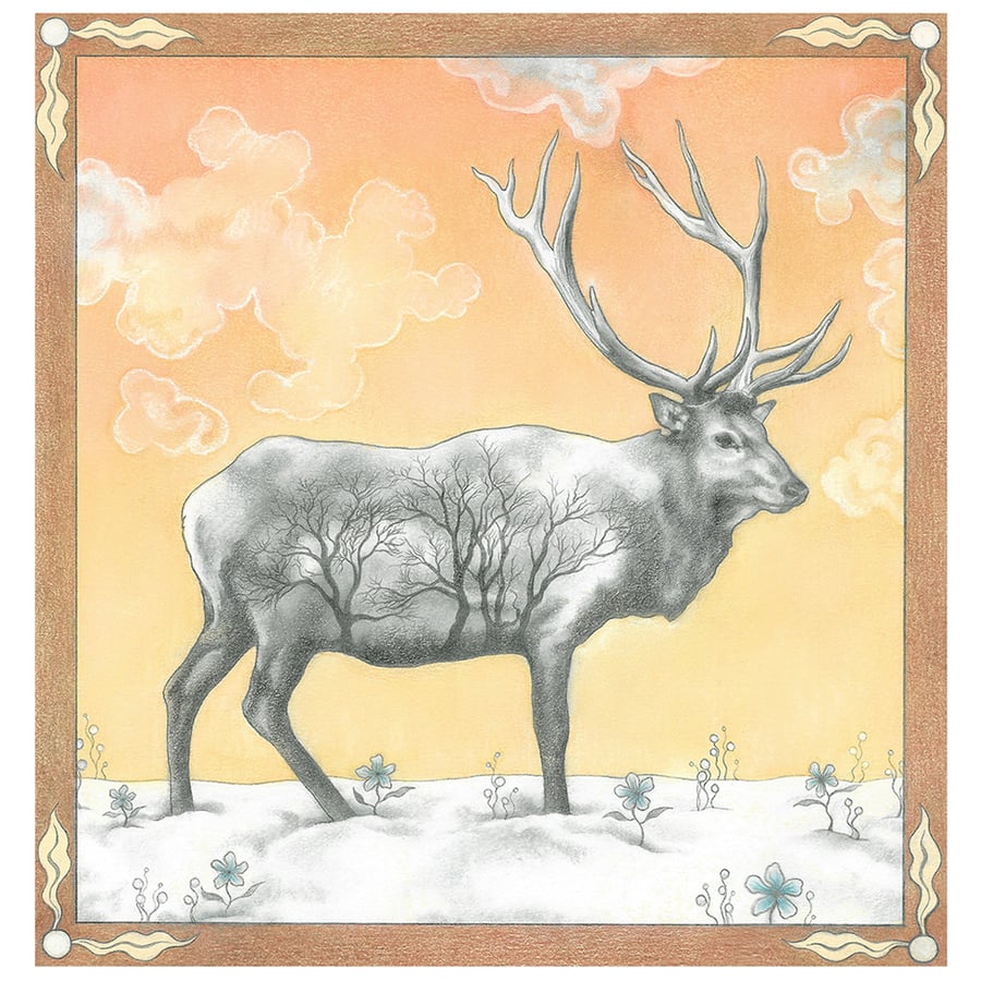 Deer Art Print - "Winter Elk" - Stag drawing, Giclee print