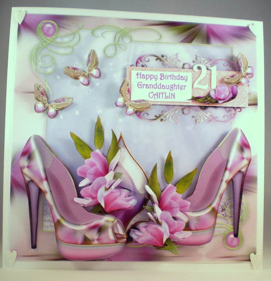 Personalised Handmade Large 21st Birthday Card, shoes, flowers,elegant,3D decoup