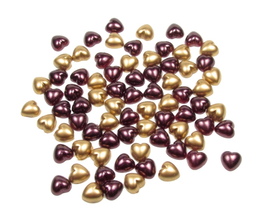 100 x Dark Burgundy and Gold 8mm Pearl Flat Backed Heart Shape Beads Gems Weddin