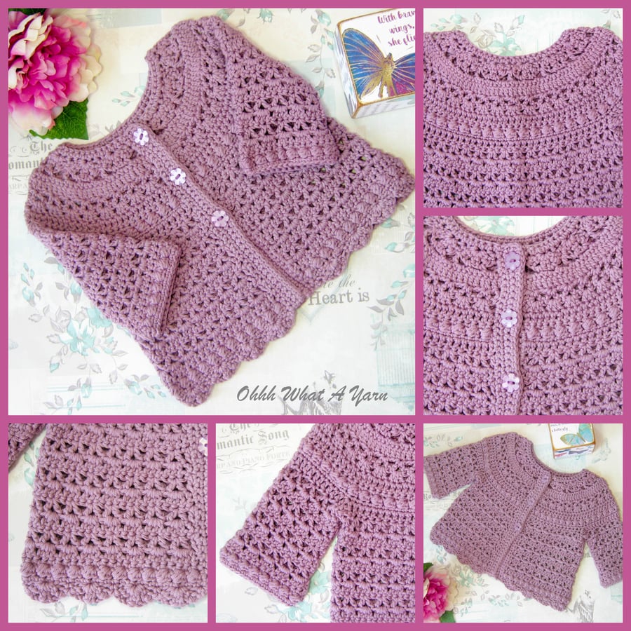 Long sleeve pink crochet baby cardigan. Cotton baby cardigan. Age 0-6 months.