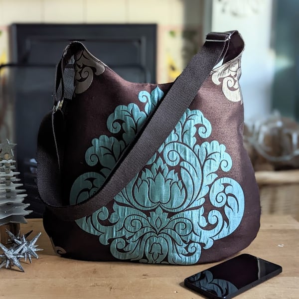 Brown and Turquoise Damask and Silk Satin Lined Hobo Bag