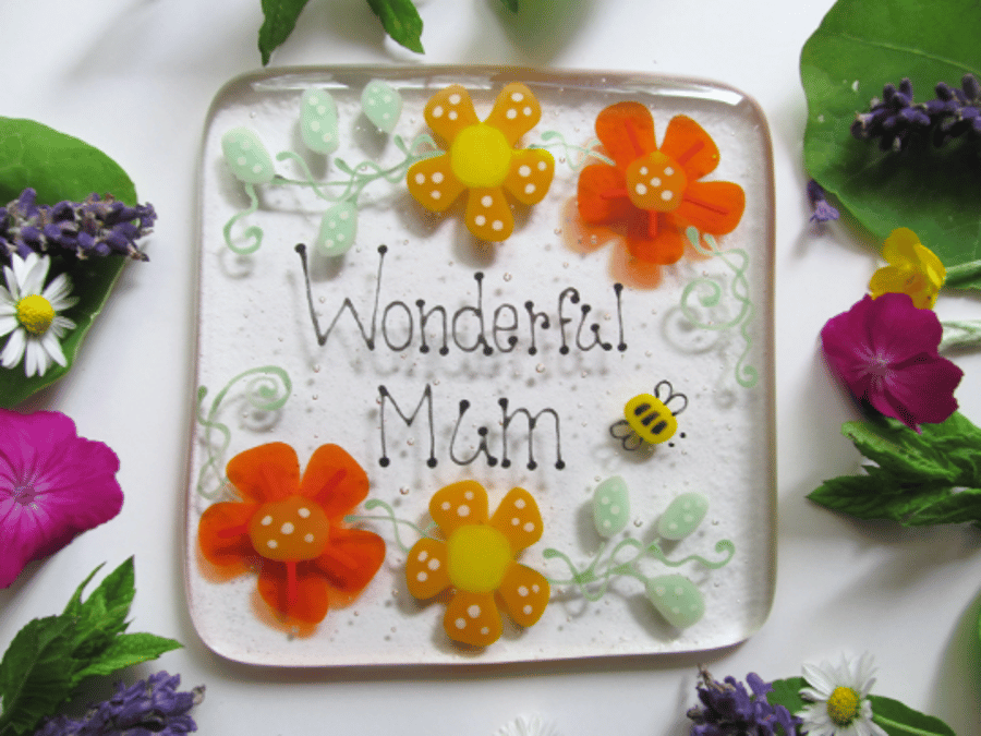 Wonderful Mum Chunky Fused Glass Coaster (Orange Funky Flowers)