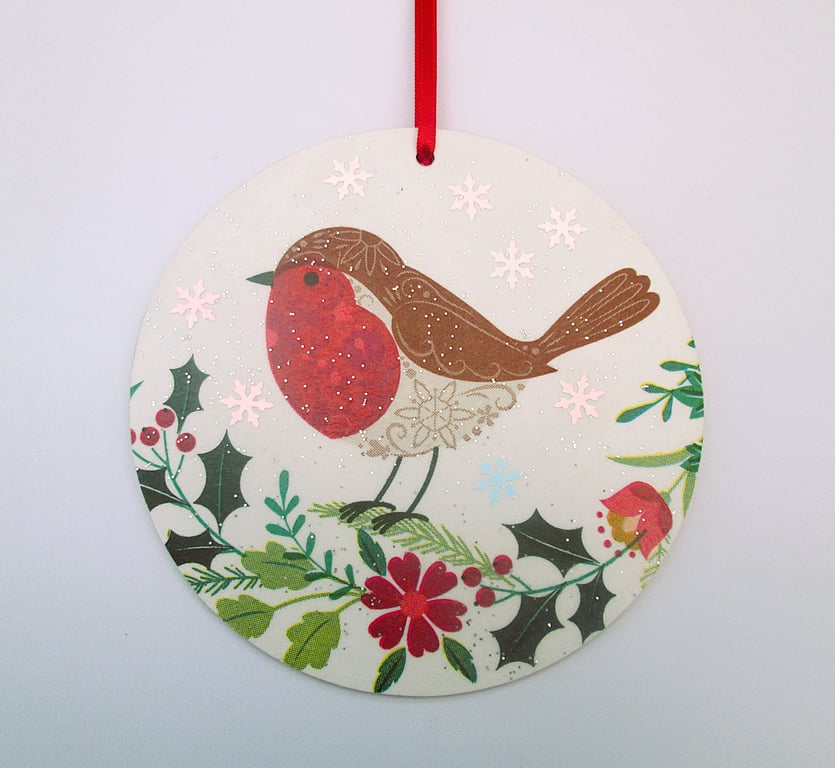 Scandi Christmas robin wood decoupage hanging decoration
