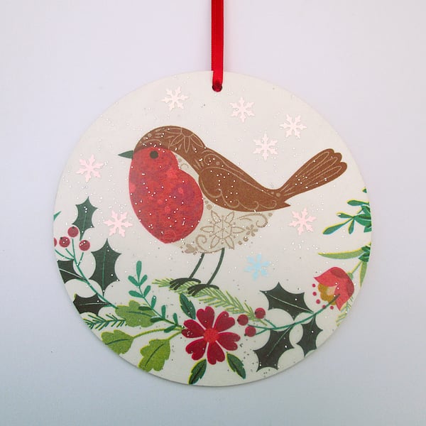 Scandi Christmas robin wood decoupage hanging decoration