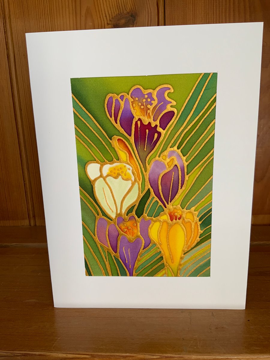 Original Hand painted silk greeting card Crocus 