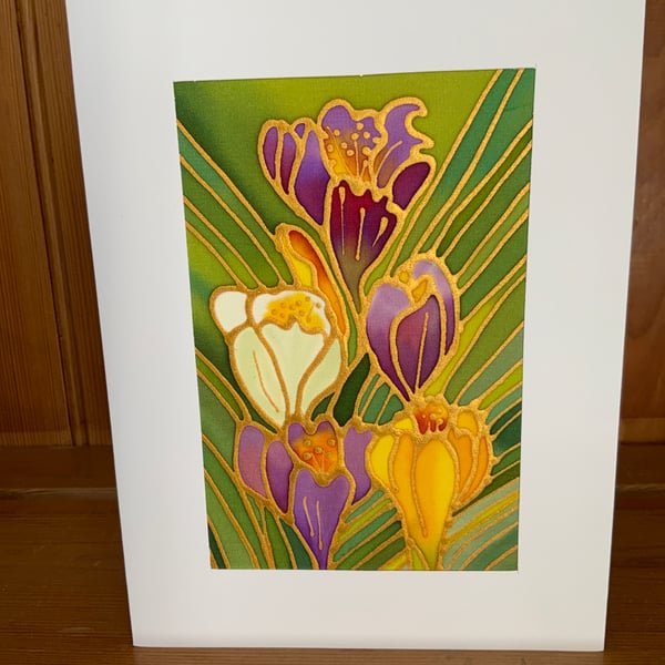 Original Hand painted silk greeting card Crocus 