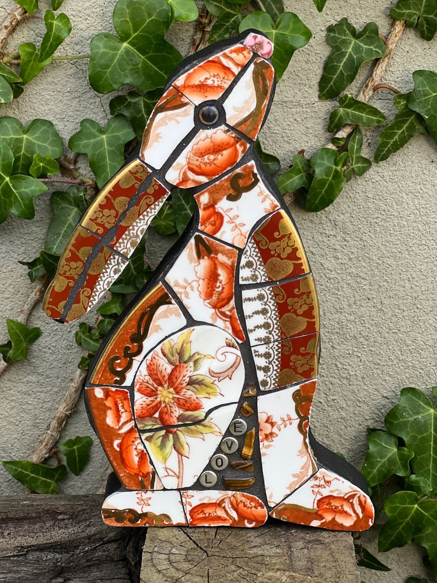 Mosaic Moon Gazing Hare, Made with Vintage china, Ceramic Mosaic Art