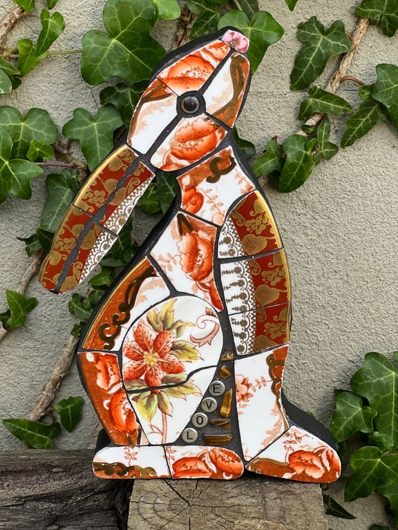 Mosaic Moon Gazing Hare, Made with Vintage china, Ceramic Mosaic Art