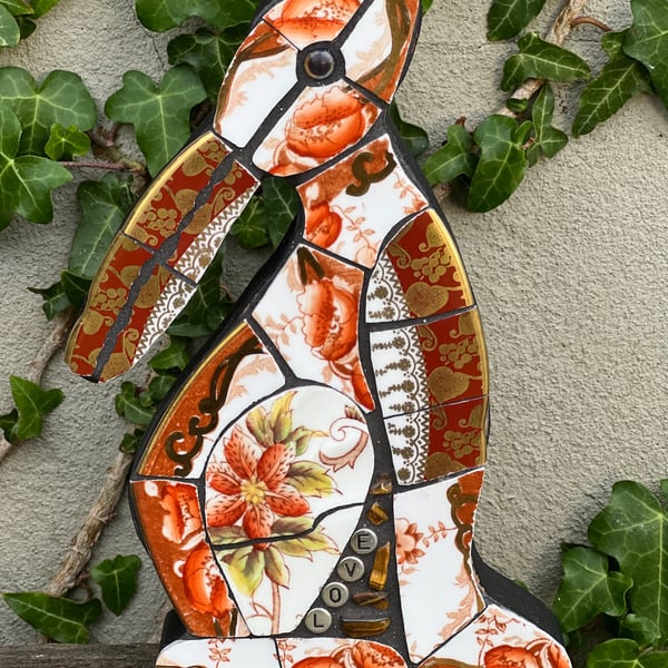 Mosaic Moon Gazing Hare, Made with Vintage china, Ceramic Mosaic Art