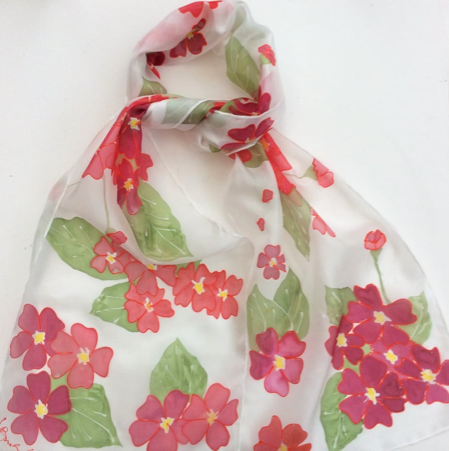 Red Primulas hand painted silk scarf