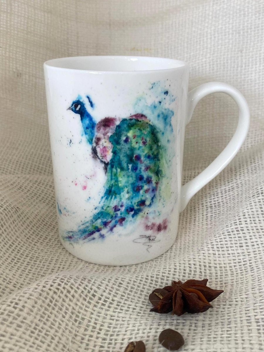 Peacock Watercolor Bone China Mug: Wildlife Art Mug, 10 oz cup