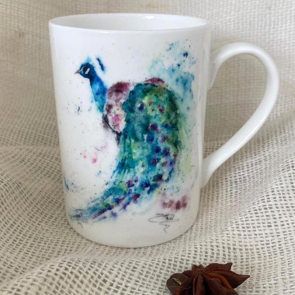 Peacock Watercolor Bone China Mug: Wildlife Art Mug, 10 oz cup
