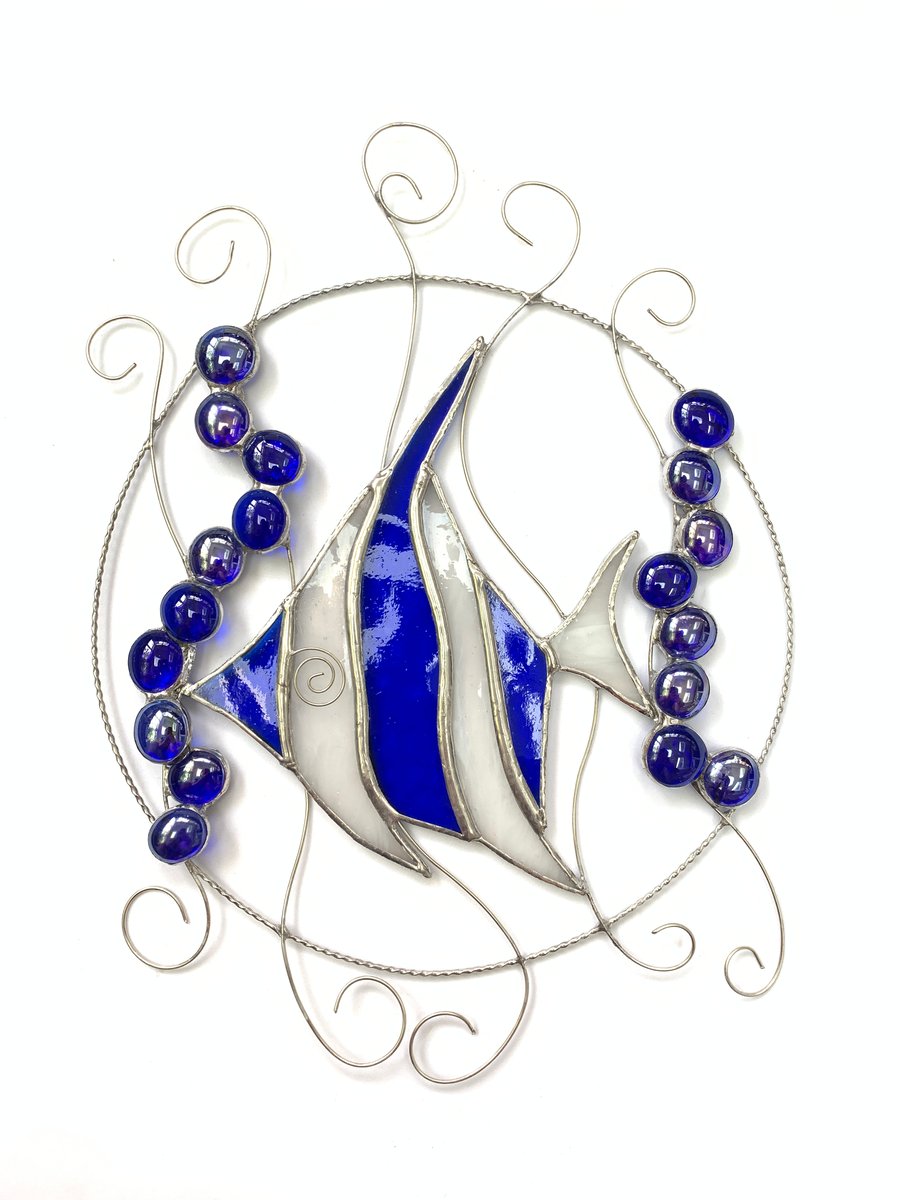 Stained Glass Angel Fish Circle Suncatcher - Handmade Hanging Window Decoration 