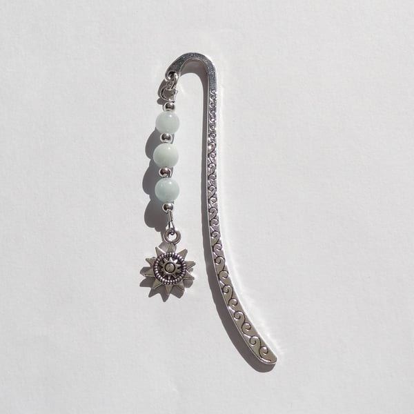 Aquamarine natural stone beaded bookmark, with sun charm, in an organza bag