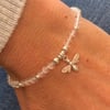Czech glass  stretch bracelet with silver bee charm