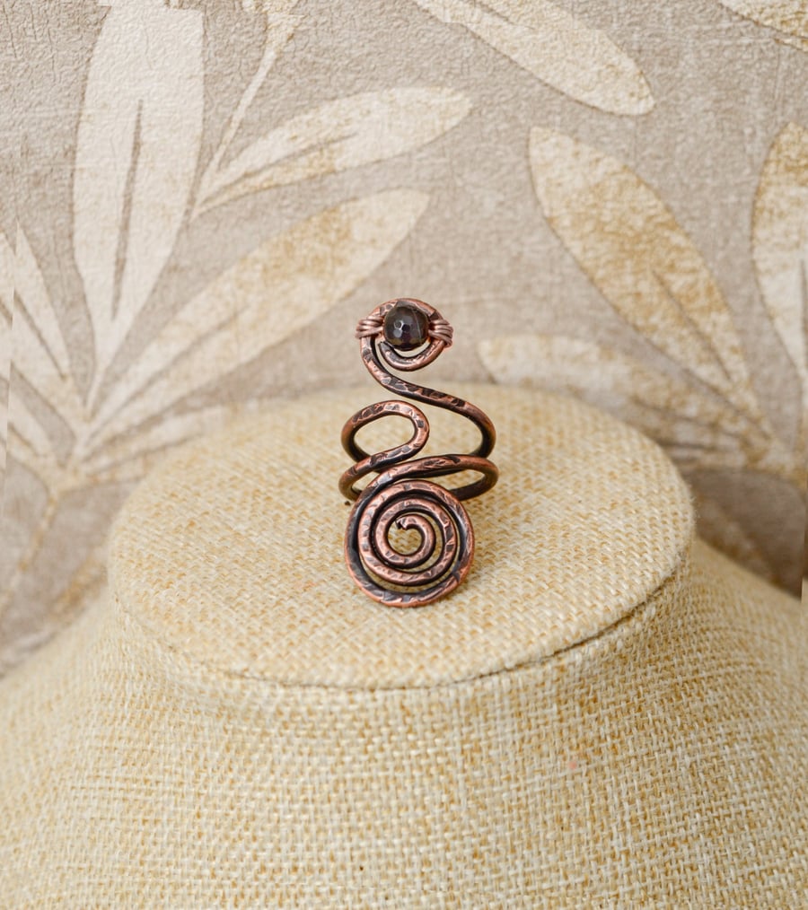 Antique Copper Spiral Ring with Blue Stone, Boho Statement Ring, 