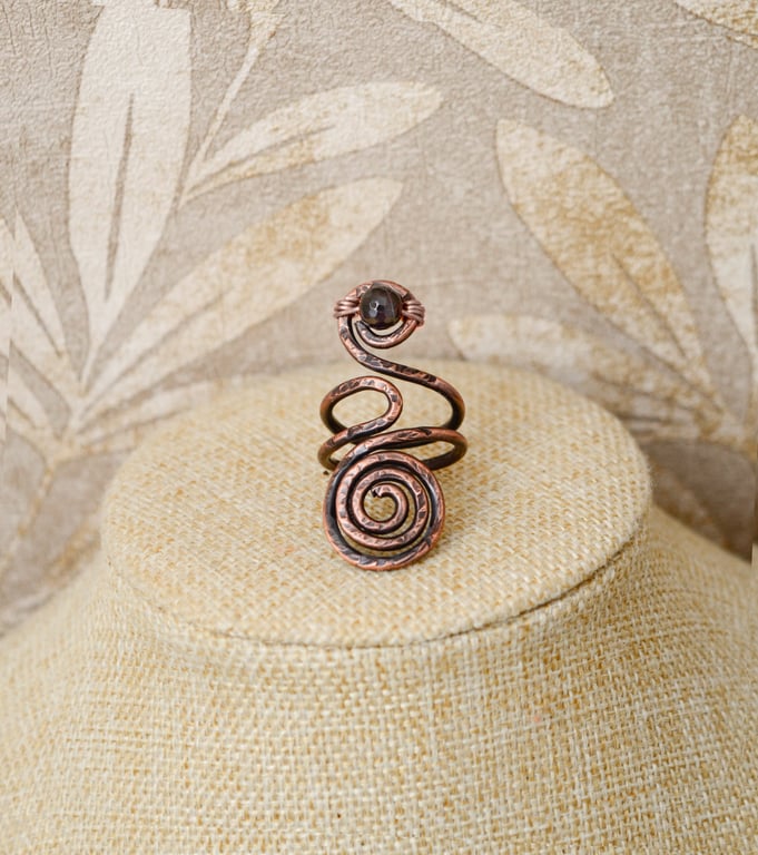 Antique Copper Spiral Ring with Blue Stone, Boho Statement Ring, 