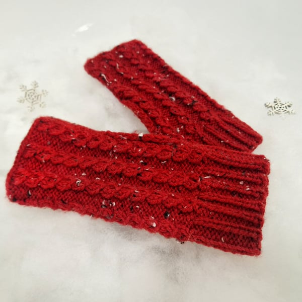 Dark Red Cable Knit Fingerless Gloves