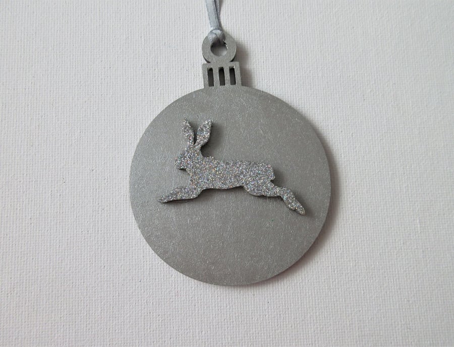 Christmas Tree Hanging Decoration Bauble Silver Bunny Rabbit Hare