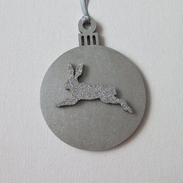 Christmas Tree Hanging Decoration Bauble Silver Bunny Rabbit Hare