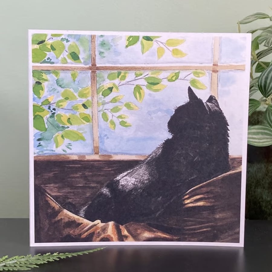 Black Cat Card. Handmade blank watercolour painting art card for cat lover.